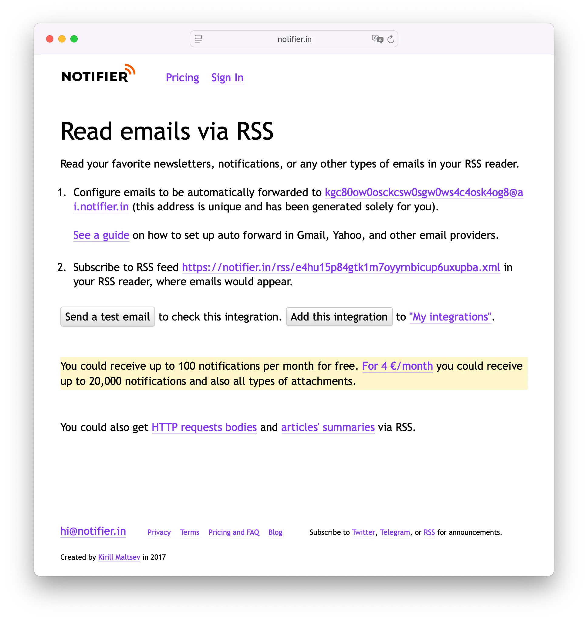 Notifier.in email → RSS integration page