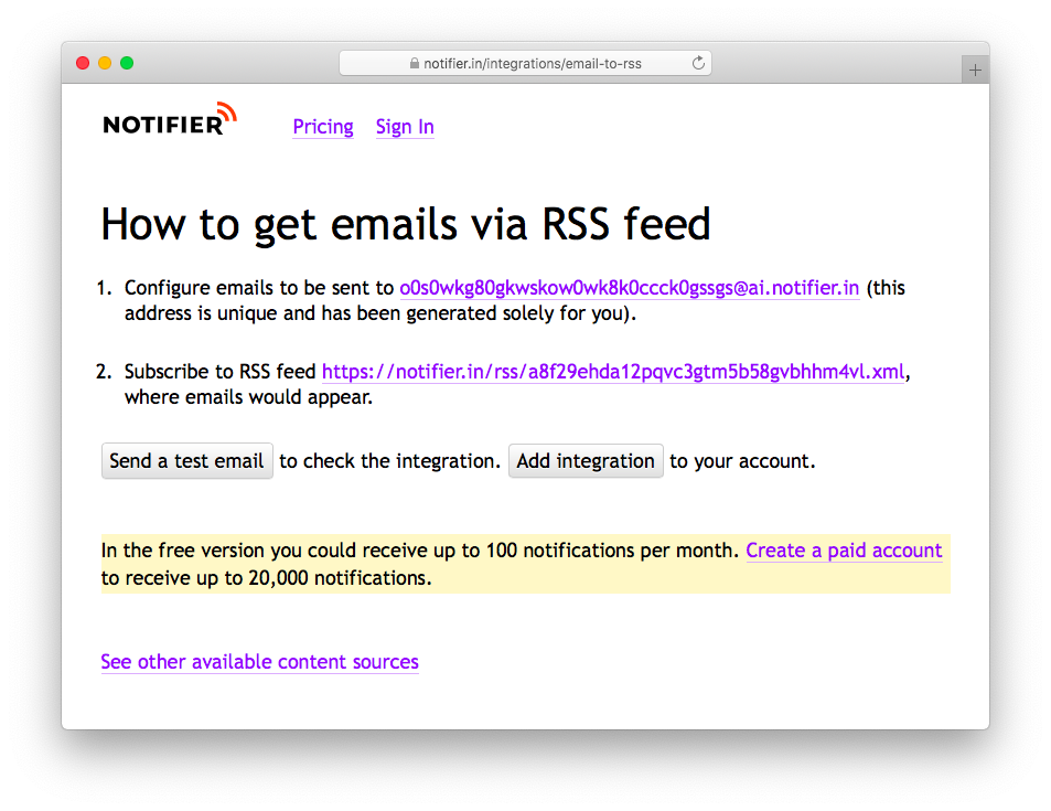 Notifier.in email → RSS integration page